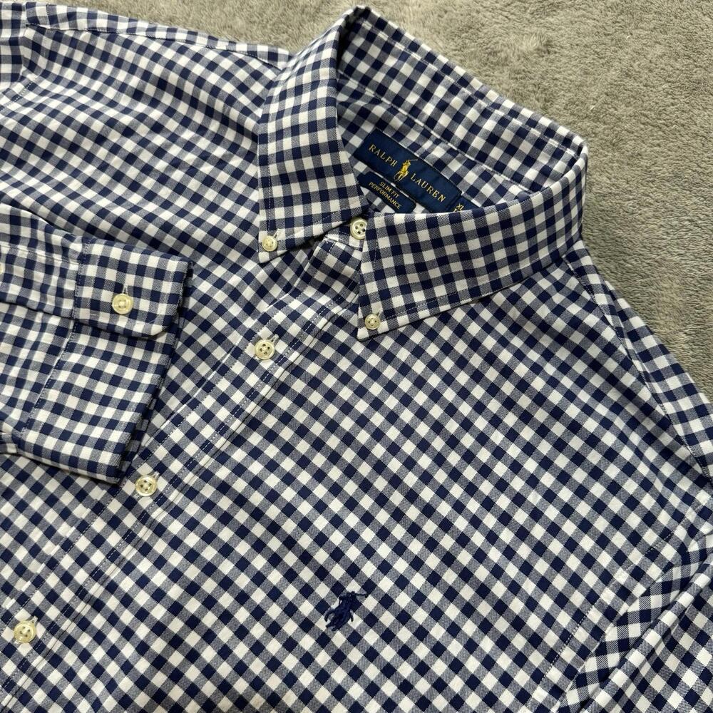 Polo Ralph Lauren Shirt Mens XL Performance Slim Fit Blue Gingham Button Long